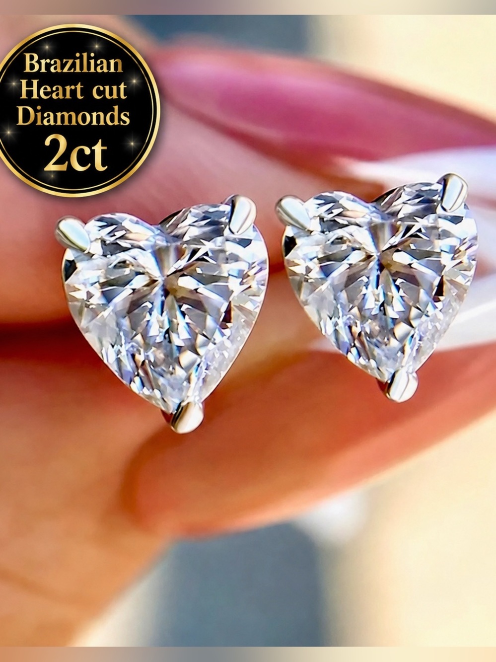 Certified Diamonds Heart studs silver Earrings -2ct-14k White Gold on 925